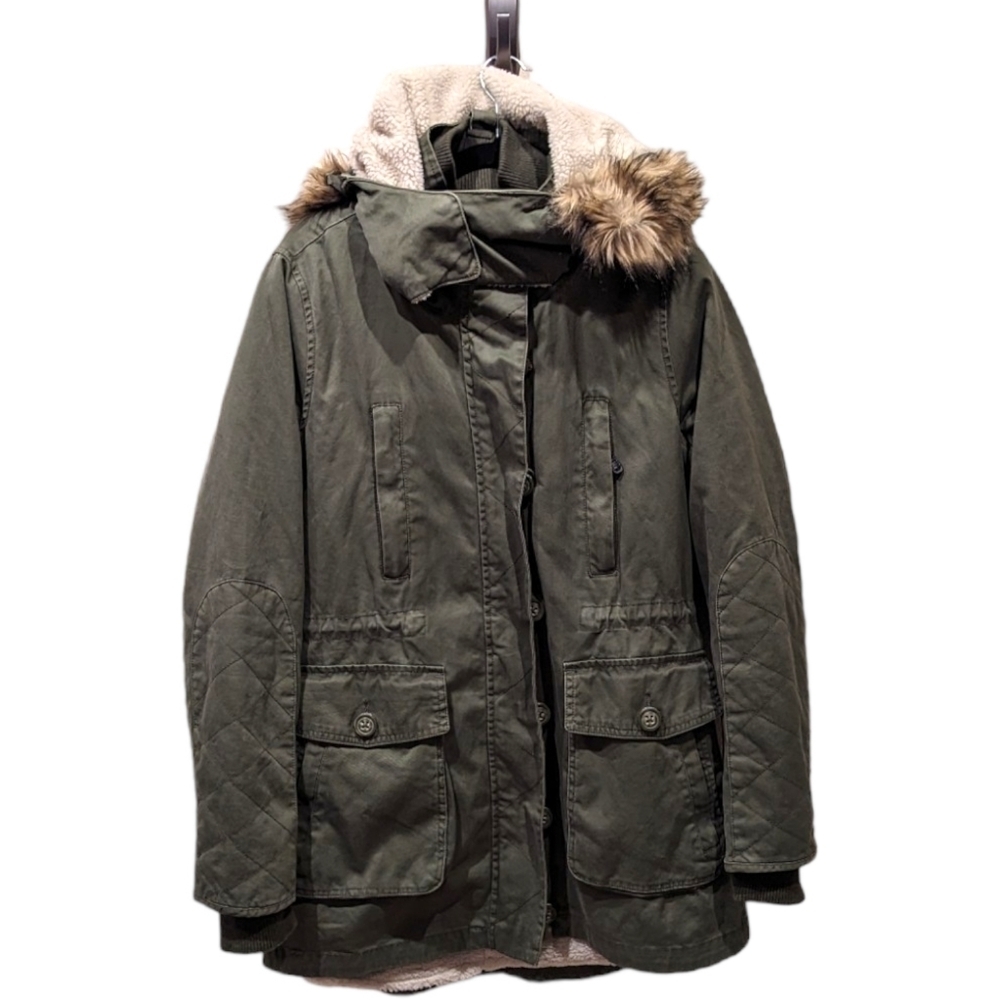 GARAGE All Seasons Army Green Faux Fur Trimmed Parka with Removable Lining (L)